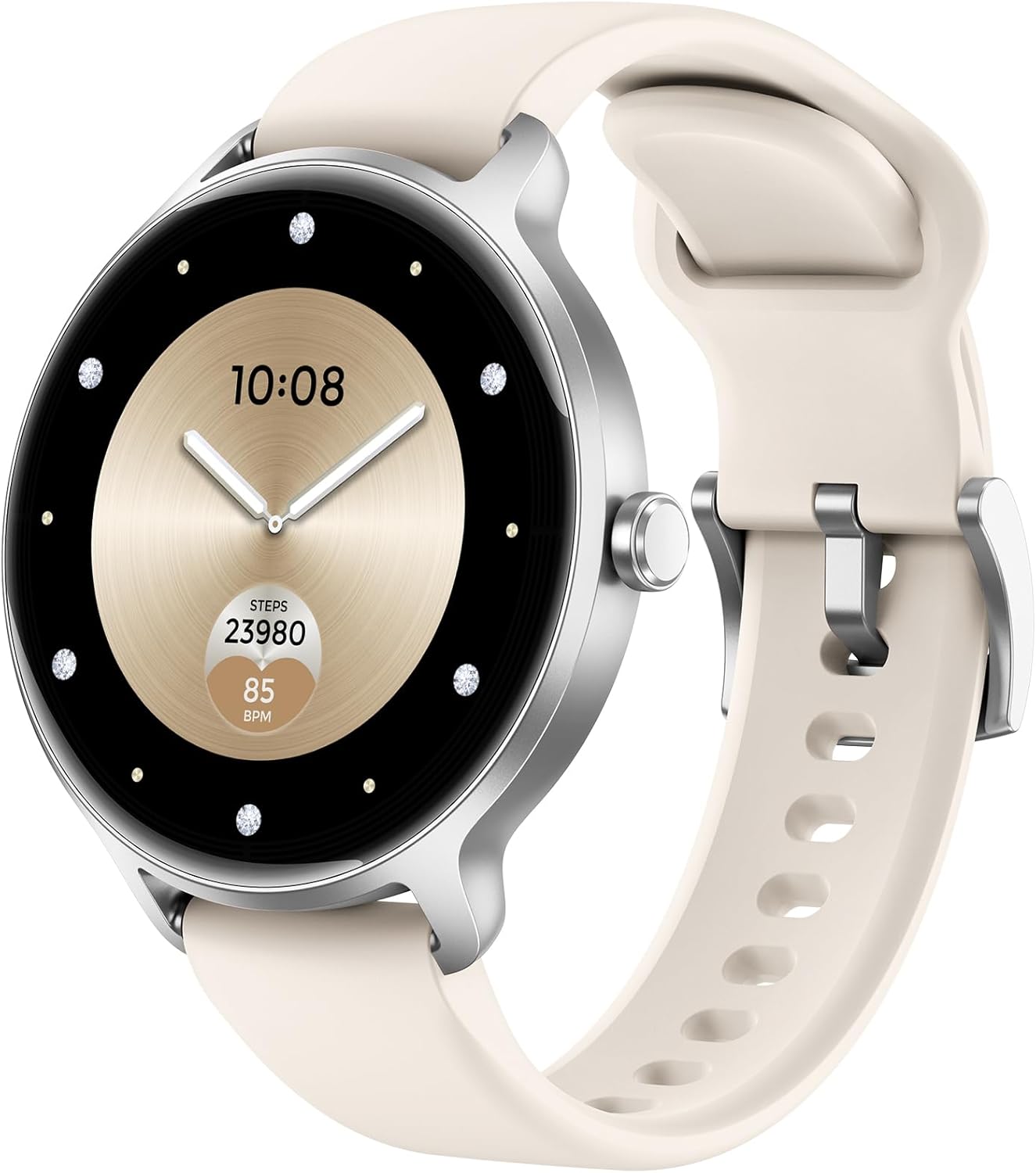 Smartwatch Damen Herren rund 1,27 Zoll AMOLED Smartwatch mit Telefonfunktion, Fitnessuhr mit Herzfrequenzmesser SpO2 Schlafmonitor Schrittzähler 120+ Sportmodi Sportuhr IP68 Wasserdicht für iOS Android Beige