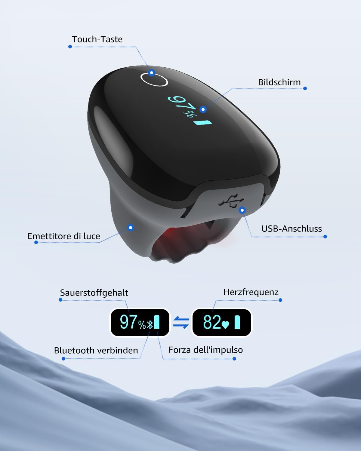 Wiederaufladbares O2-Ring-Bluetooth-Blutsauerstoffmessgerät für die Fingerspitze zur kontinuierlichen Messung von SpO2 und Pulsfrequenz – Bild 6