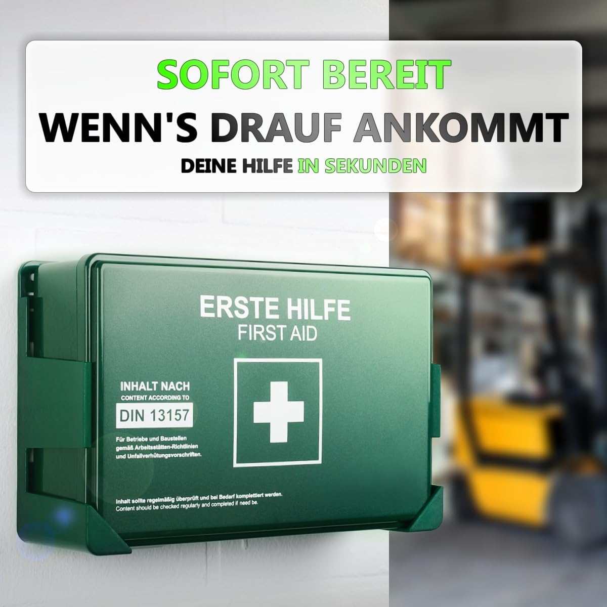 Erste-Hilfe-Set mit Inhalt, Wandhalterung, 5 x Aufkleber nach DIN 13157, Erste-Hilfe-Set für den Baustellen-Bürobetrieb – Bild 4