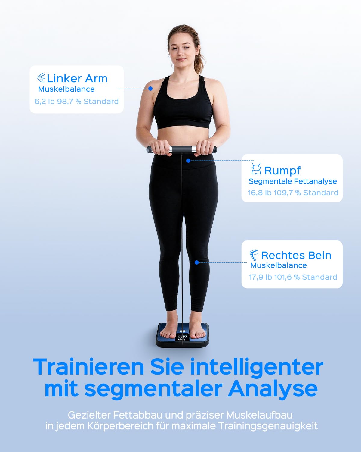 Körperfettwaage mit Handsensoren, digitale Personenwaage mit Körperfettanalyse, intelligente Waage mit 8 Elektroden für Körperfett und Muskelmasse, BMI, und 28 Körpermaßen, 180 kg – Bild 4