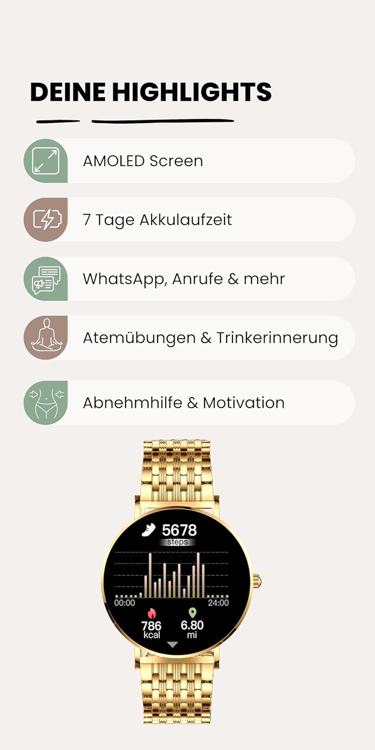 XCOAST Smartwatch Siona 2 Elegance Citrine Gold – Damen-Smartwatch klein, AMOLED-Touchscreen, 24/7 Puls, Schlafmonitor, 21+ Sportmodi, Schrittzähler, wasserdicht, für iOS & Android – Bild 4