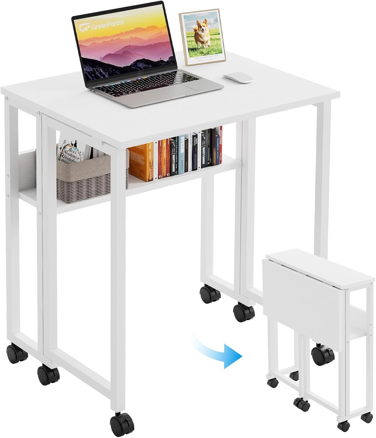 GreenForest Kleiner Klappschreibtisch, 63 cm Klappschreibtisch mit Rollen, einfach zu montierender Klappschreibtisch mit Stauraum, Home-Office-Klapptisch, Weiß