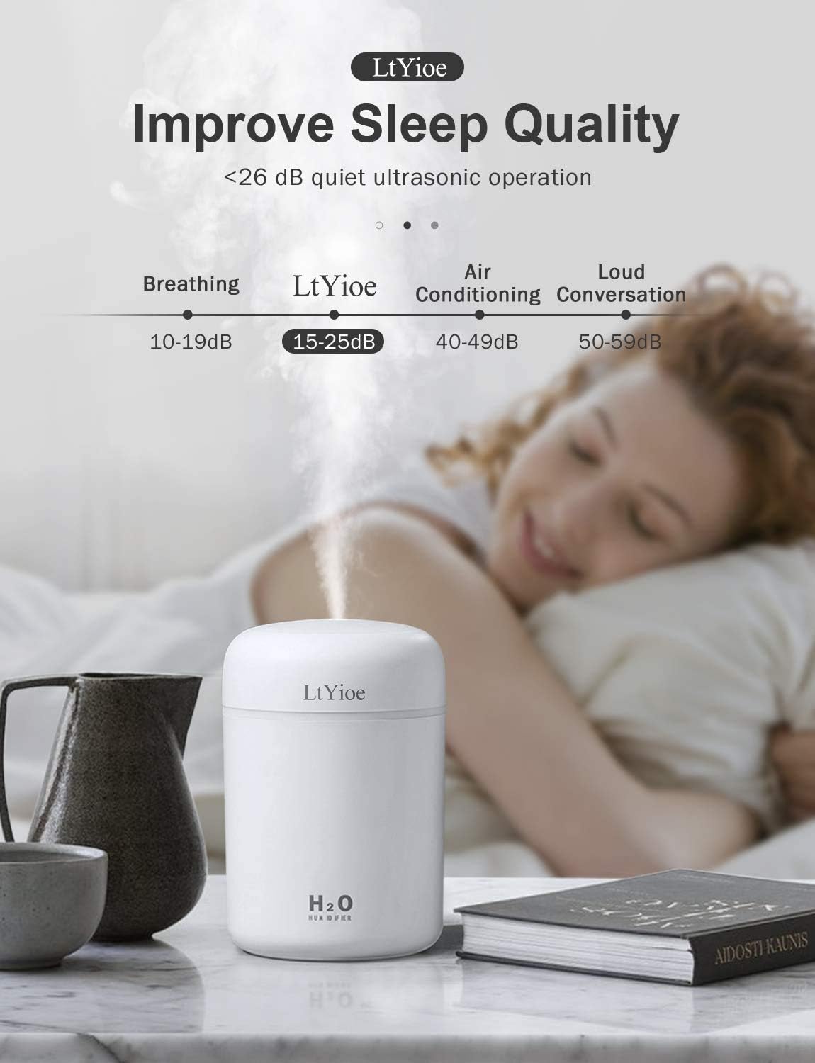 LtYioe Luftbefeuchter, persönlicher Desktop-Mini-Luftbefeuchter mit bunter, kühler Nachtlichtfunktion, automatischer Abschaltung und superleise für Auto, Büro, Schlafzimmer (weiß) – Bild 5