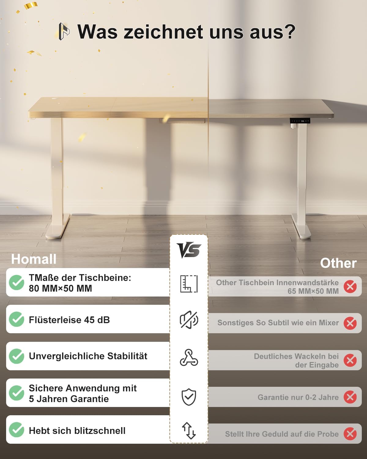 Homall höhenverstellbarer Schreibtisch 160 x 80 cm, elektrischer Schreibtisch mit vierteiliger Tischplatte, Computertisch mit Memory-Funktion, Stehpult – Bild 5