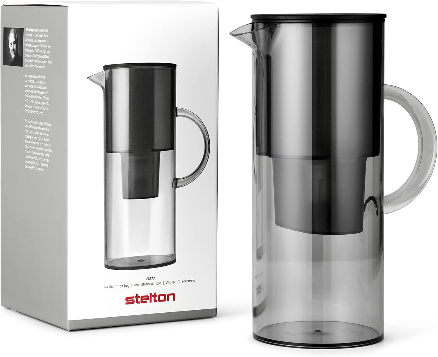 Stelton EM77 Wasserfilterkanne – kompatibel mit Stelton Wasserfilterkartuschen oder Brita – Wasserkanne aus Kunststoff im modernen Stil – reduziert Chlor, Kalk – 2 Liter, getönt