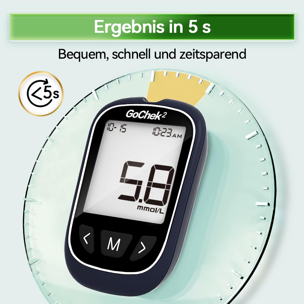 MicroTech Blutzuckermessgerät-Set mit 10 Teststreifen und Lanzetten, ohne Codierung, 500 Speicher, breiterer HKT für die Familie (mmol) – Bild 5