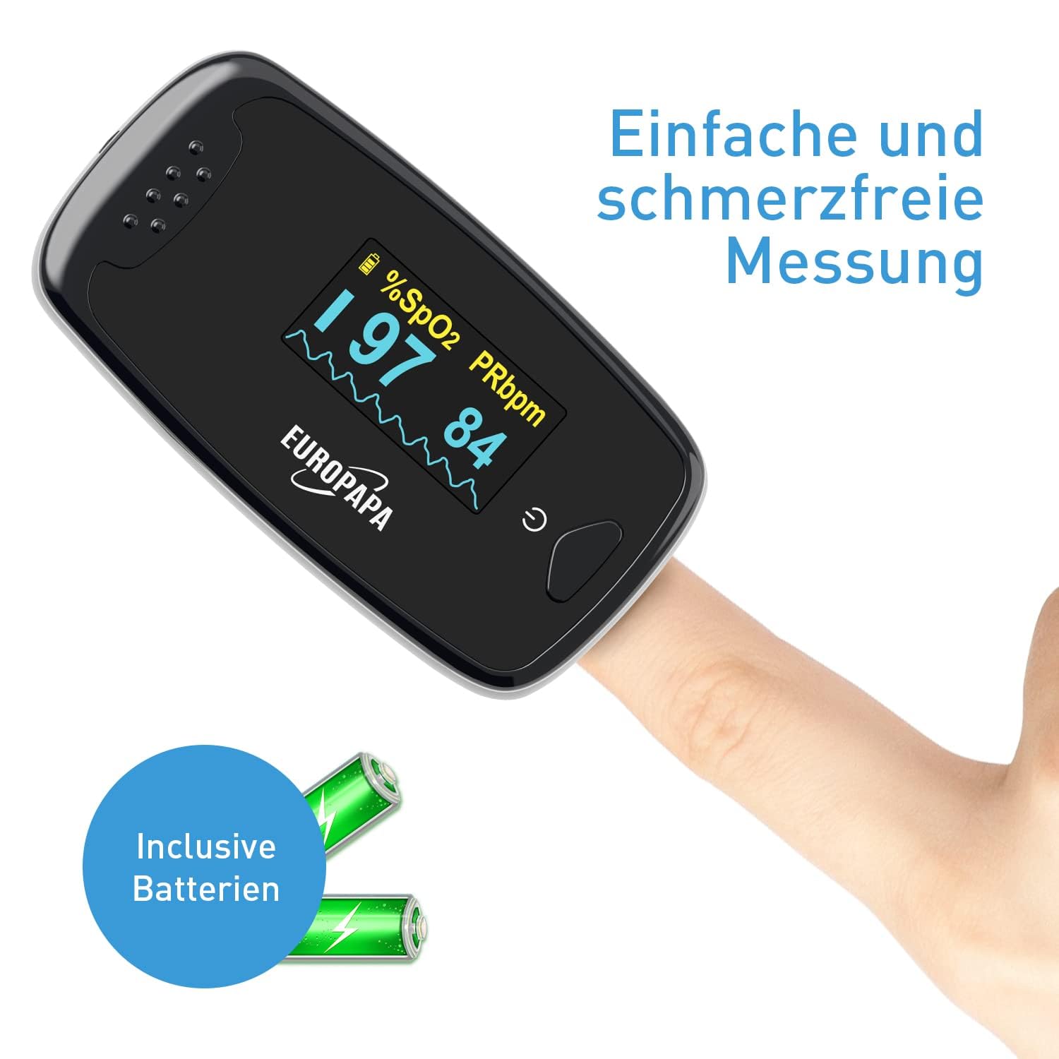 EUROPAPA Pulsoximeter, Fingerpulsoximeter, ideal zur schnellen Messung der Sauerstoffsättigung (SpO2), einfacher Herzfrequenzmesser für Erwachsene, OLED-Display (schwarz) – Bild 3