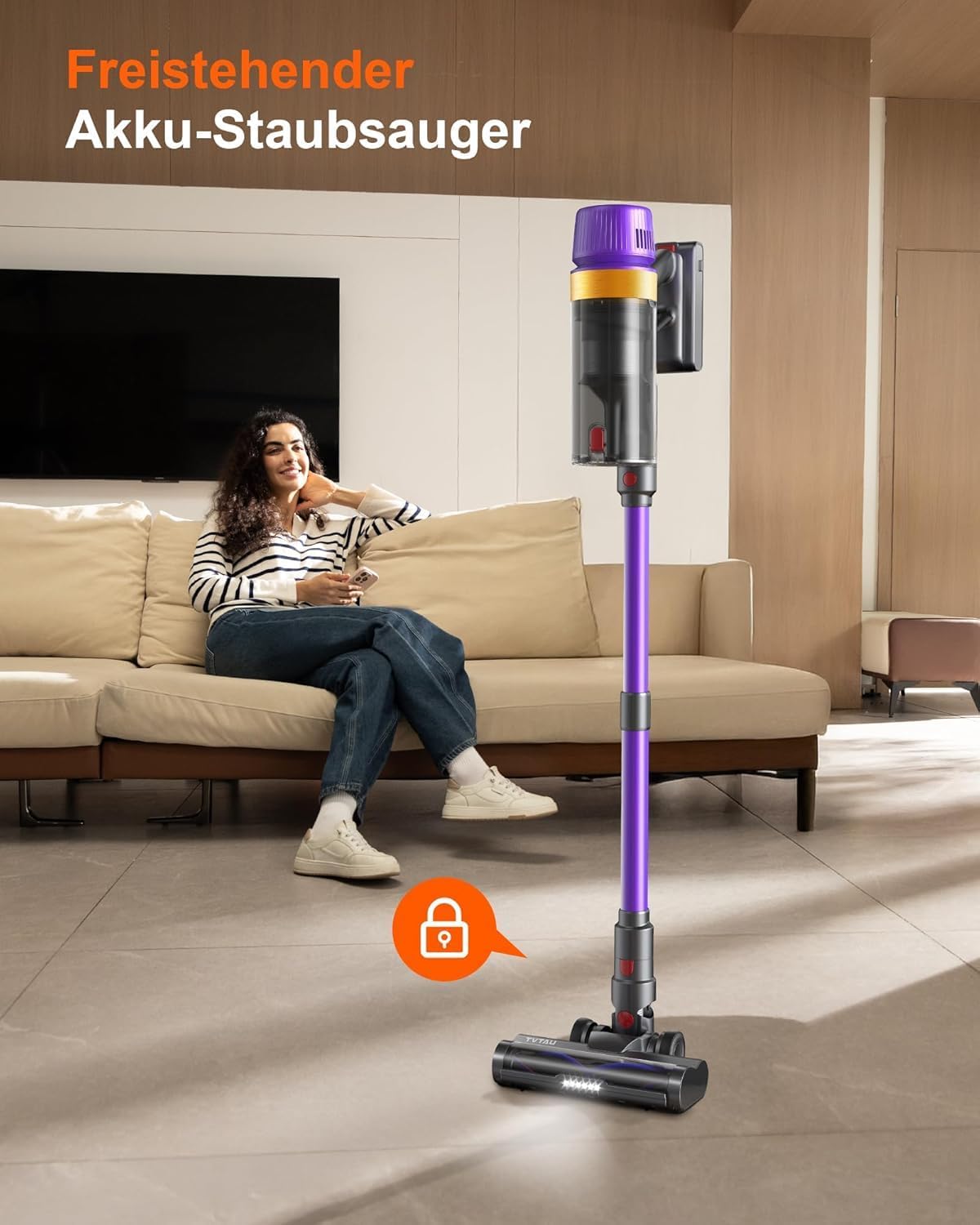 Akku-Staubsauger Testsieger 55000Pa/75min/1,8L Beutelloser, selbststehender Griff-/Stabstaubsauger mit Anti-Tangle & Ladestation – Stark für Tierhaare/Teppich/Hartboden/Auto (Lila) – Bild 4