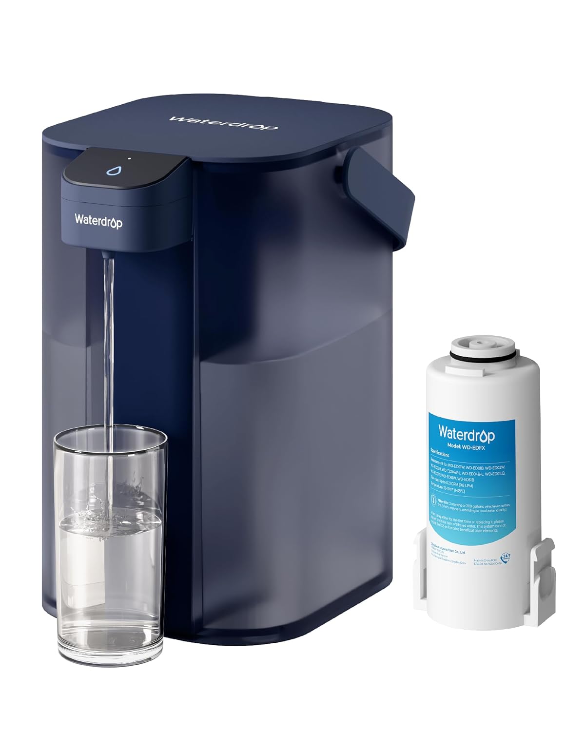 Waterdrop Instant Action elektrischer Wasserfilterkrug und 3-Monats-Filter, 3,5 l Aufsatz-Wasserfiltersystem, reduziert 98 % Chlor und über 20 Verunreinigungen, blau