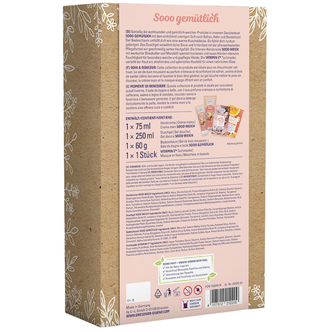 Dresdner Essenz Sooo Cozy Geschenkset – Duschgel, Badeschaum, Handcreme & Tuchmaske – Pflegend & Vegan – Wellness-Set für Damen & Herren – Nachhaltige Verpackung – 4-teilig – Bild 2
