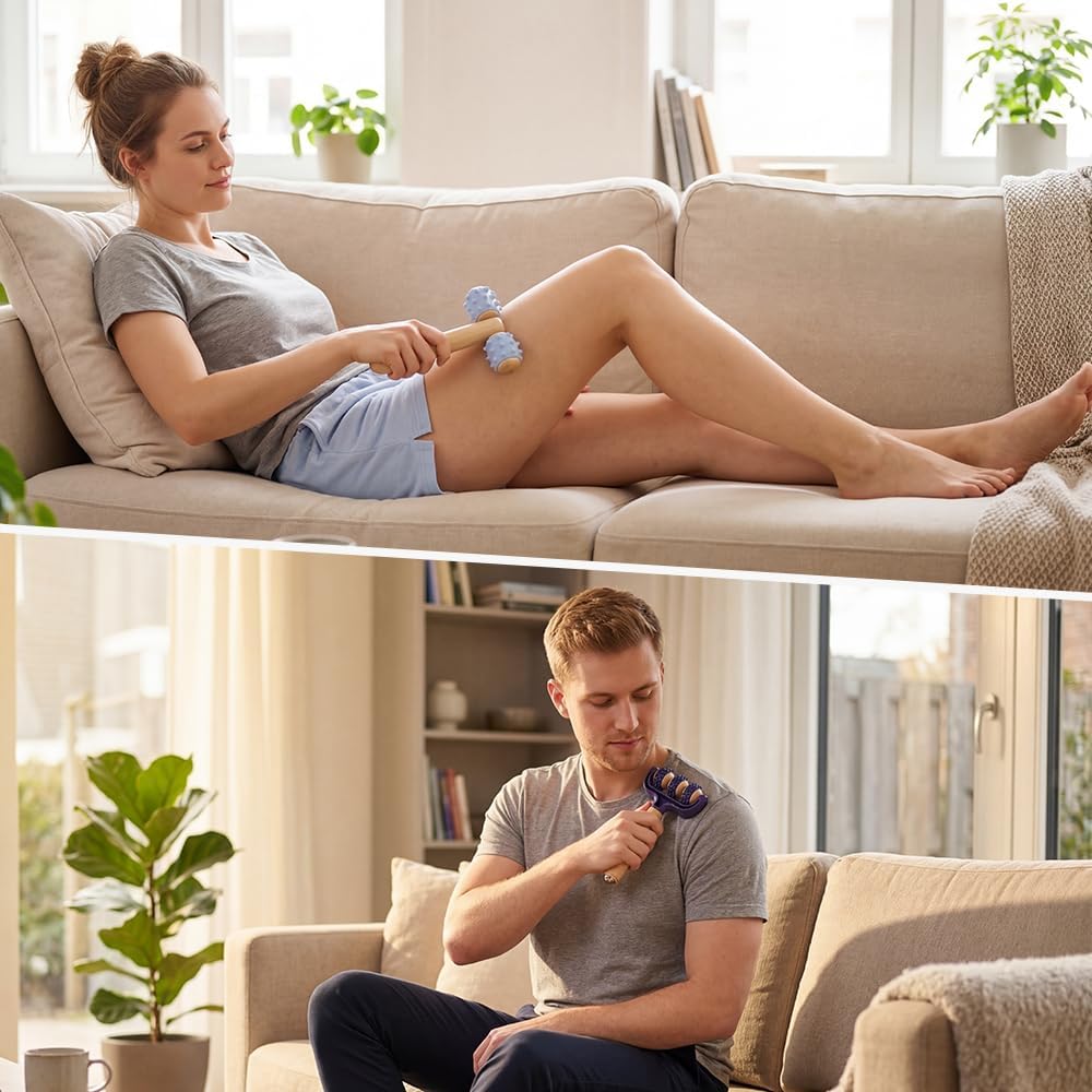 Golgner 2 Stück Massagerolle mit Griff, Massagerolle mit Igelball, Massagegerät mit Griff, Faszienrolle, Selbstmassagerolle, Holzmassagerolle mit Igelball, für Beine, Füße – Bild 5