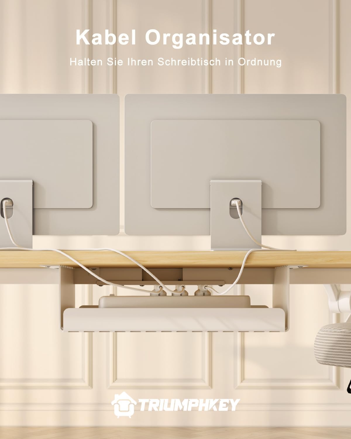 TRIUMPHKEY Höhenverstellbarer Schreibtisch, 160 x 80 cm, mit USB-Ladeanschluss, 3 Speichersteuerungen, höhenverstellbarer Schreibtisch mit Kabelbox, Computertisch, Stehpult, Beige – Bild 9
