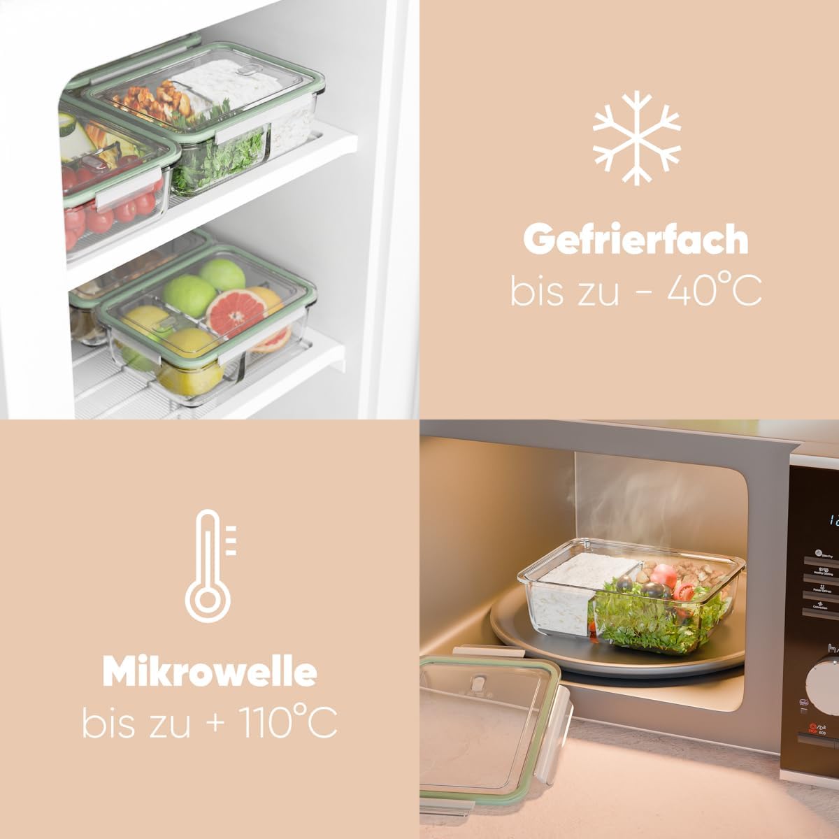 Meal-Prep-Glasboxen mit Fächern | 3er-Set | Glasbehälter mit Deckel | Geeignet für Spülmaschine, Mikrowelle und Backofen | Frischhaltedosen Glas mit Deckel | Gläser mit Deckel C-FHDM 4021 G – Bild 6