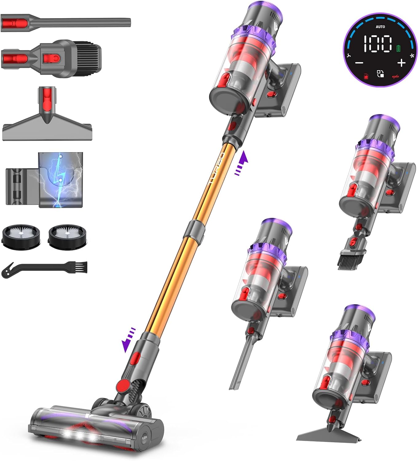 coovy Akku-Staubsauger SU7, 580 W/75 Min./55000 Pa Akku-Staubsauger mit super großem Display, Automatikmodus, Akku-Staubsauger für Teppiche, Tierhaare, Hartböden