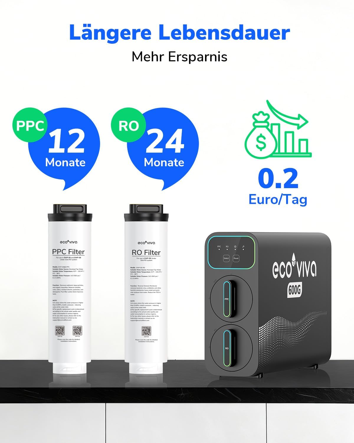 Ecoviva E6 600 GPD Osmoseanlage Trinkwasser, Untertisch-Umkehrosmoseanlage, 9-stufige Filterung RO-Osmose-Wasserfilter, reduziert TDS, 2,5:1 Sparverhältnis, ohne Tank, Schwarz – Bild 7