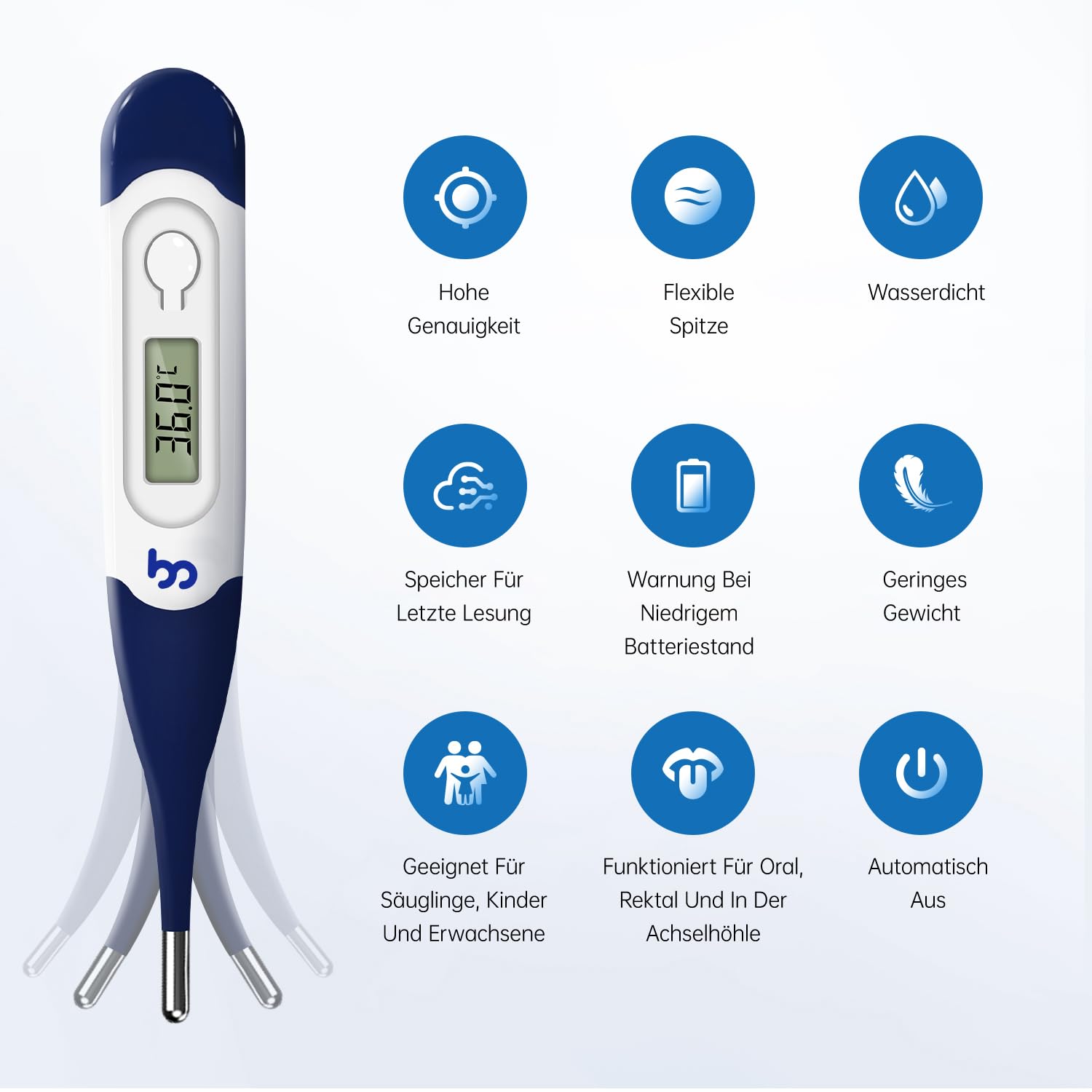 Digitales Thermometer mit flexibler Spitze für Erwachsene, Kinder und Babys, schnelles und genaues medizinisches Mund- und Unterarmthermometer, Rektalthermometer – Bild 2