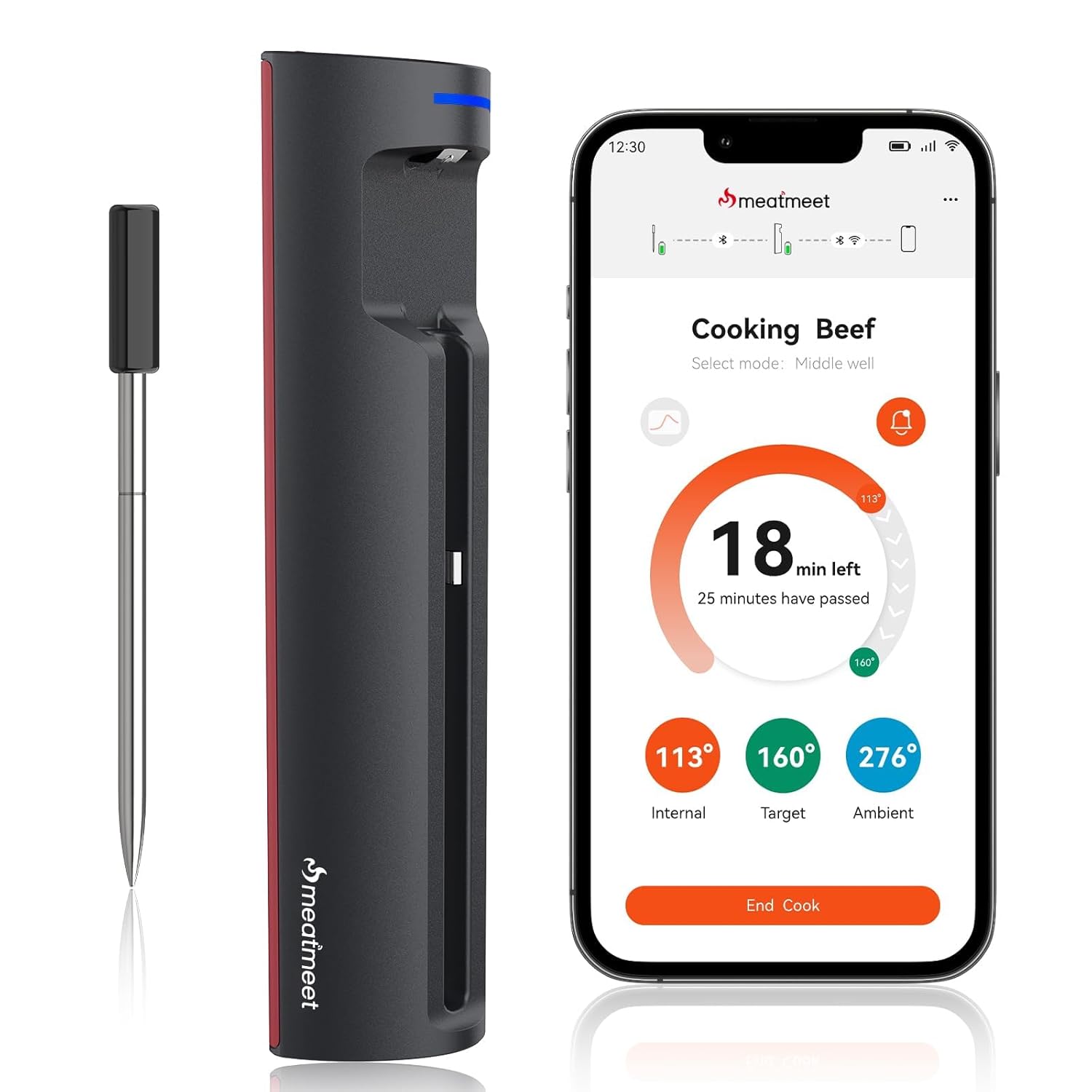 Pro Fleischthermometer kabellos mit WLAN und Bluetooth, App-Überwachung mit Timer und Alarm, IP67 wasserdicht und ölbeständig, kabelloses Fleischthermometer für BBQ, Ofen, Grill, Küche