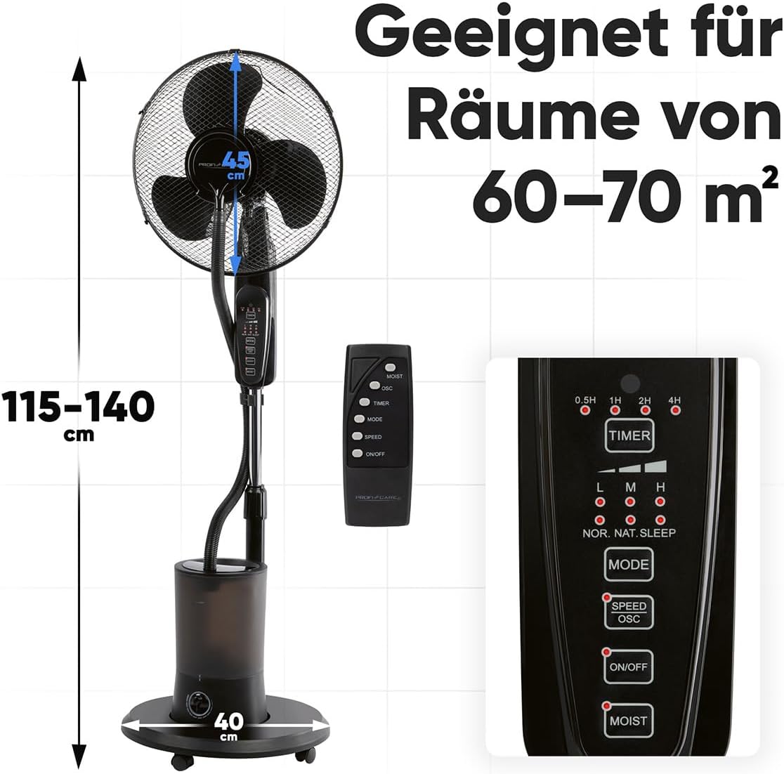 ProfiCare Leise Ventilator mit Luftbefeuchter, Schwenkfunktion, Höhe und Winkel verstellbar, 3 Stufen, Timer, Standventilator, sehr leise, Ventilator mit Fernbedienung, Ventilator PC VL 3142 LB – Bild 7