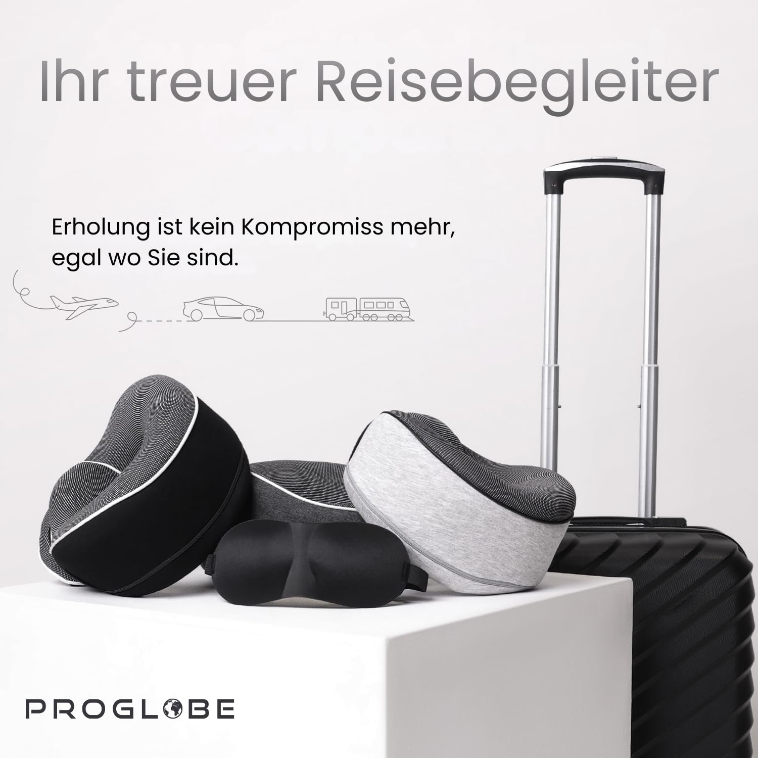 Proglobe Flugzeug-Nackenkissen, Reisekissen, 100 % Memory-Schaum, orthopädisches Nackenkissen, ideal für Reisen im Flugzeug, Auto, Zug, mit 3D-Schlafmaske, Ohrstöpsel, hochwertiger Netzbeutel, grau – Bild 7