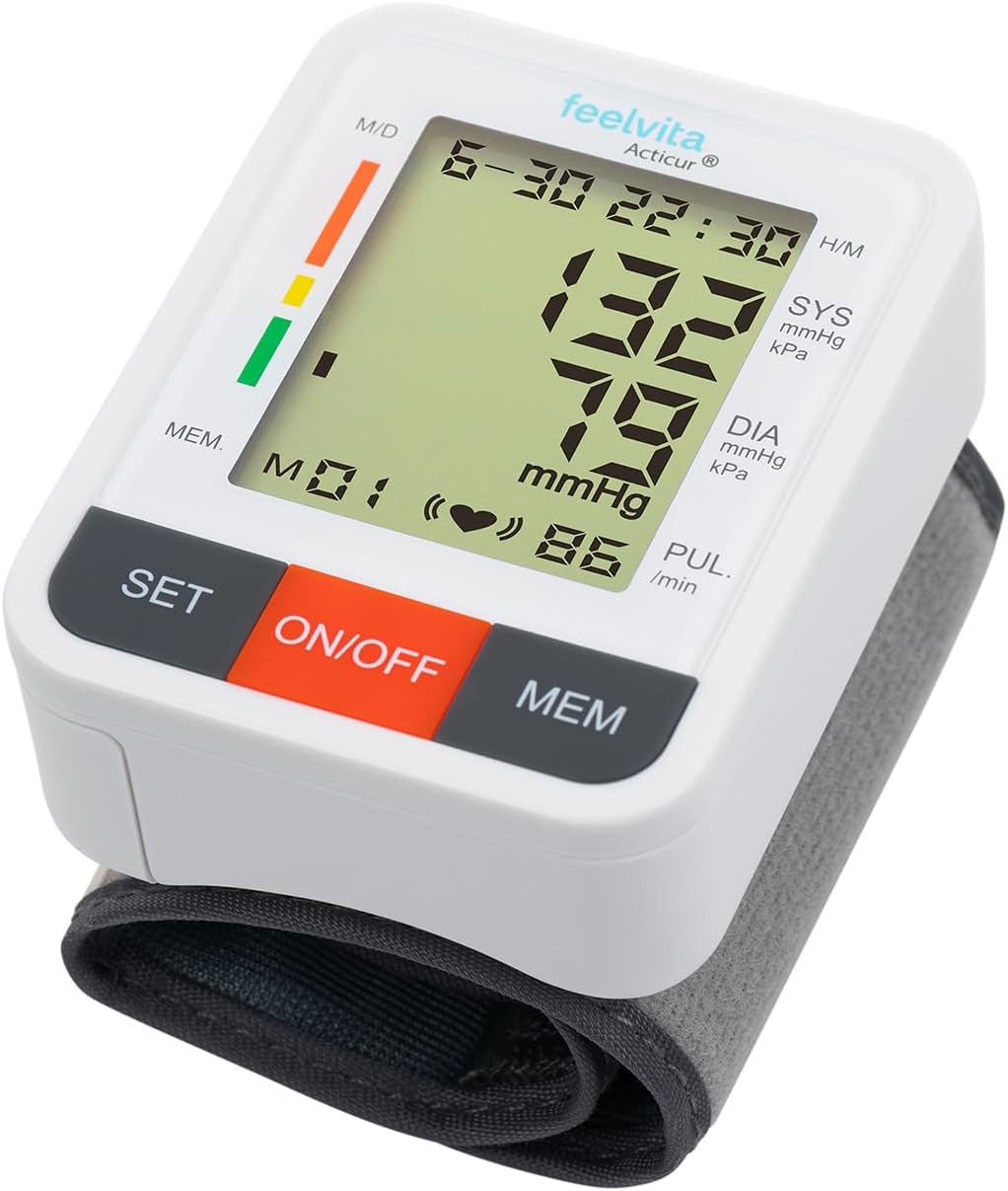 Genius Feelvita Acticur Blutdruckmessgerät Handgelenk, vollautomatisch, großes LCD-Display, Arrhythmie-Erkennung, Risikoanzeige, Ein-Knopf-Bedienung, 90 Speicherplätze, genaue Messung, Pulsmessung