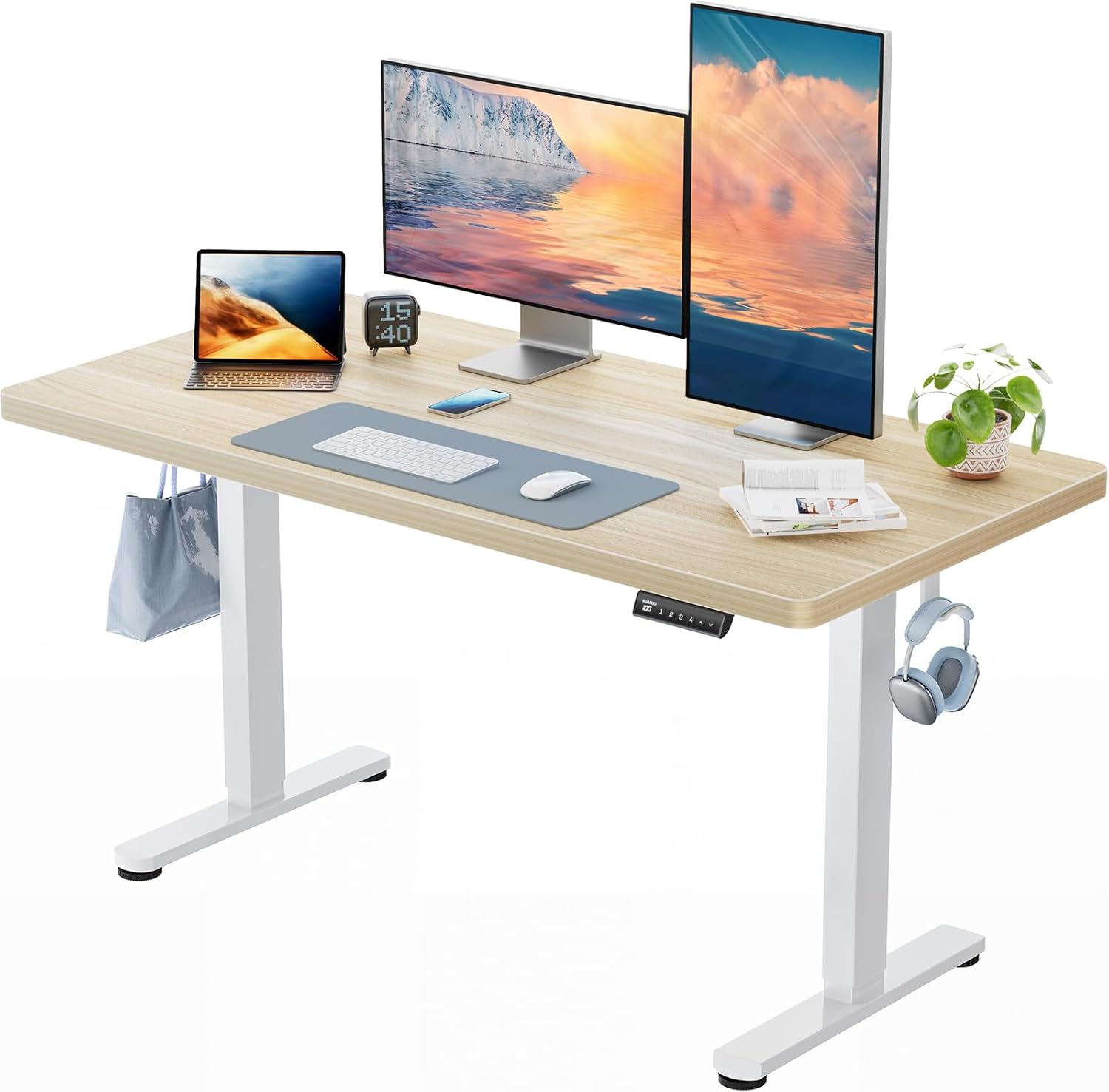 HUANUO Höhenverstellbarer Schreibtisch, 120 x 80 cm, 25 mm, ganze Tischplatte mit bürstenlosem Motor, ergonomischer Schreibtisch, höhenverstellbar, einfache Montage, elektrischer Stehschreibtisch für das Heimbüro