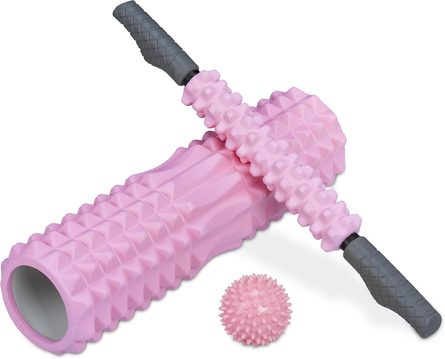 Relaxdays Faszienrolle, 3er-Set, Massagerolle, Faszienstab, Igelball, mittelhart, mit Noppen, Nacken, Rücken, Beine, rosa