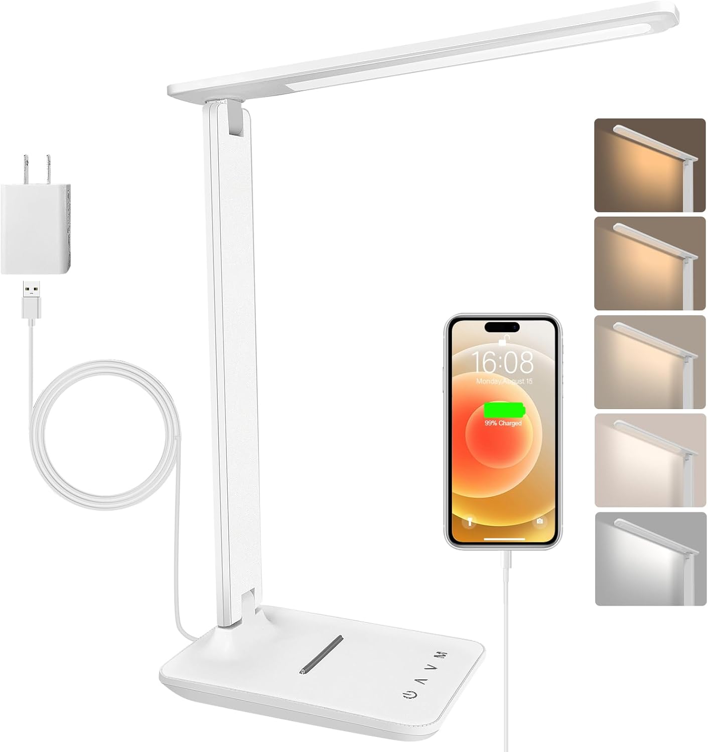 Jumoking Schreibtischlampe LED Dimmbar Augenschutz, Schreibtischlampe mit 5 Farben und 5 Helligkeitsstufen, Tischlampe mit USB-Ladeanschluss, Touch-Steuerung für Kinder, Schlafzimmer, Lesen, Büros (Weiß)