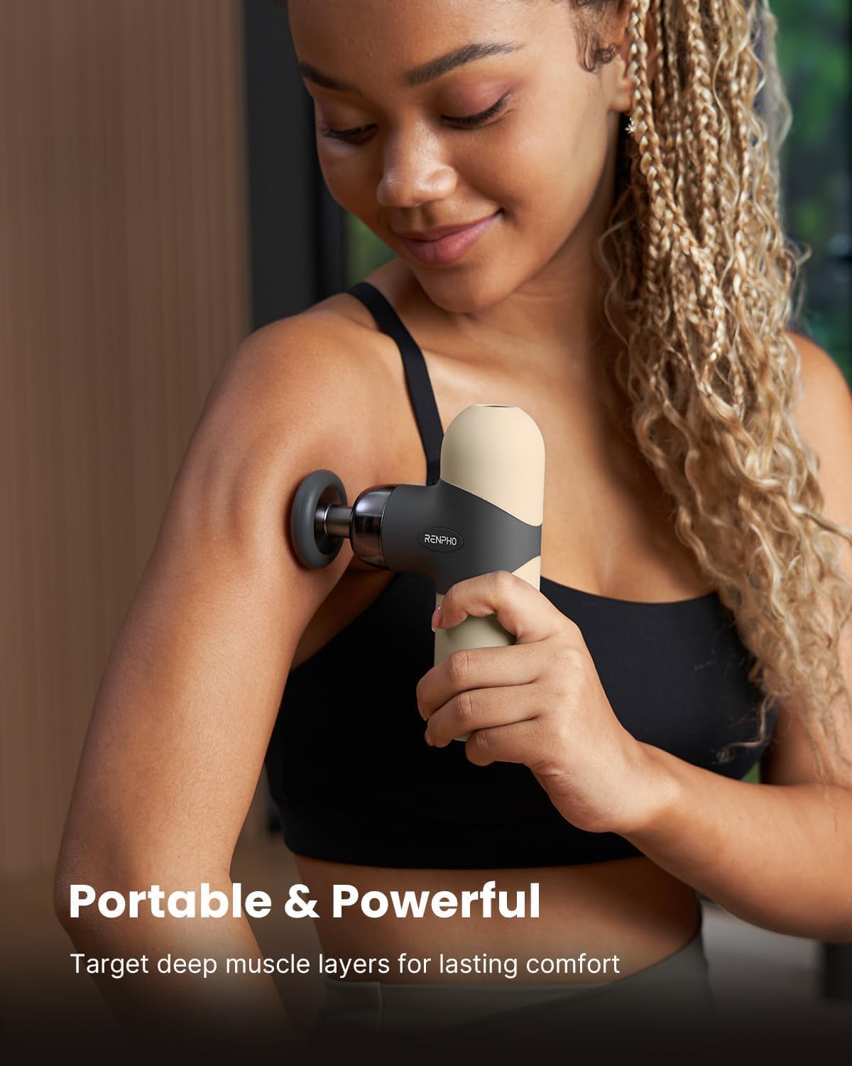 RENPHO Mini-Thermo-Massagepistole mit Wärmefunktion, Mini-Massagepistole, tragbares modisches Percussion-Massagegerät, mit farbigen Silikonhüllen, Reisegröße mit Tragetasche, für Muskelmassage, Beige – Bild 3