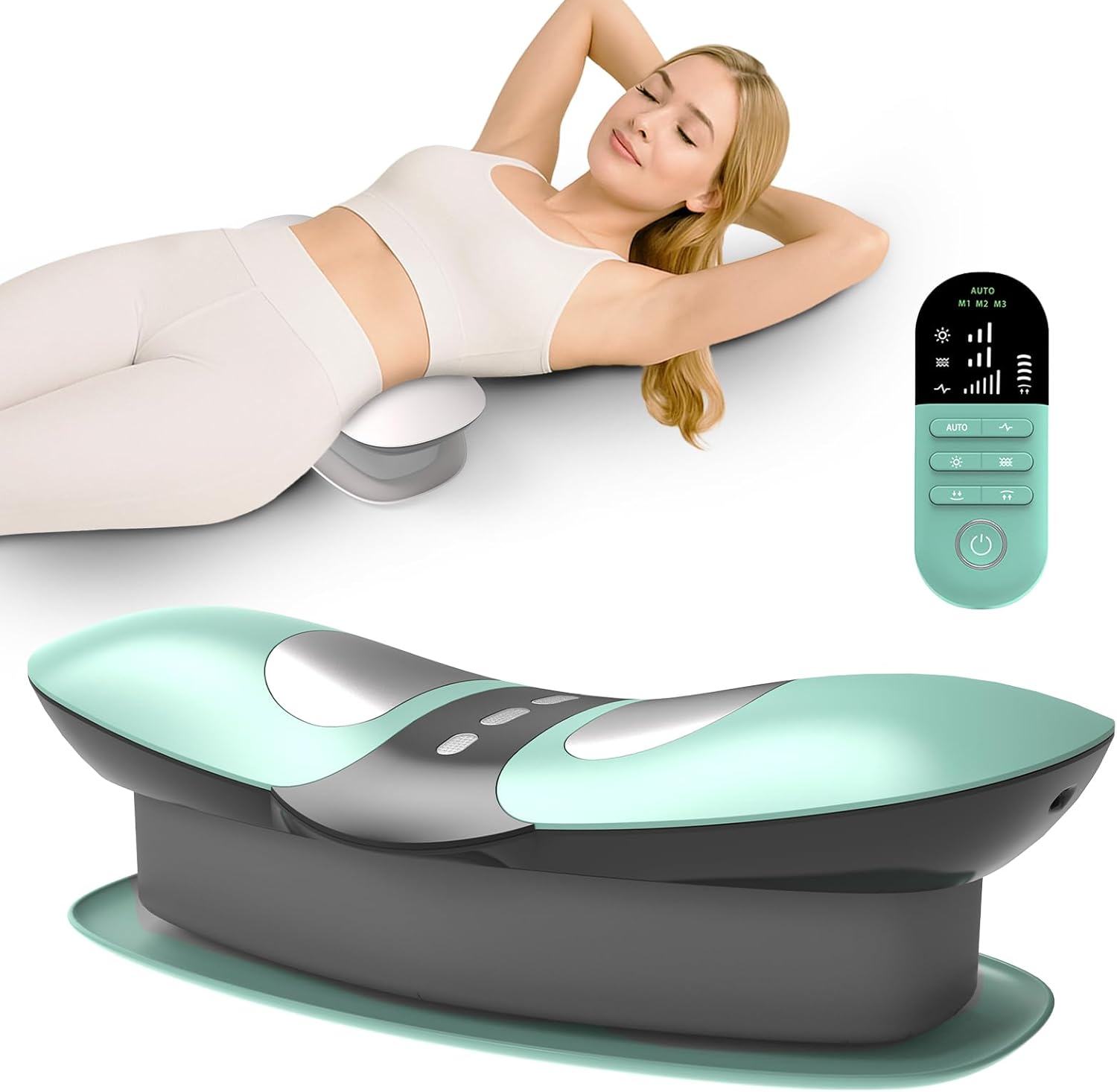 4-in-1-Rückenmassagegerät, Dehner für den unteren Rücken, kabellos, mit Airbag-Traktion, Heißkompresse, Vibrationsmassage, EMS-Elektrotherapie, Rückentrainer für Zuhause, Grün