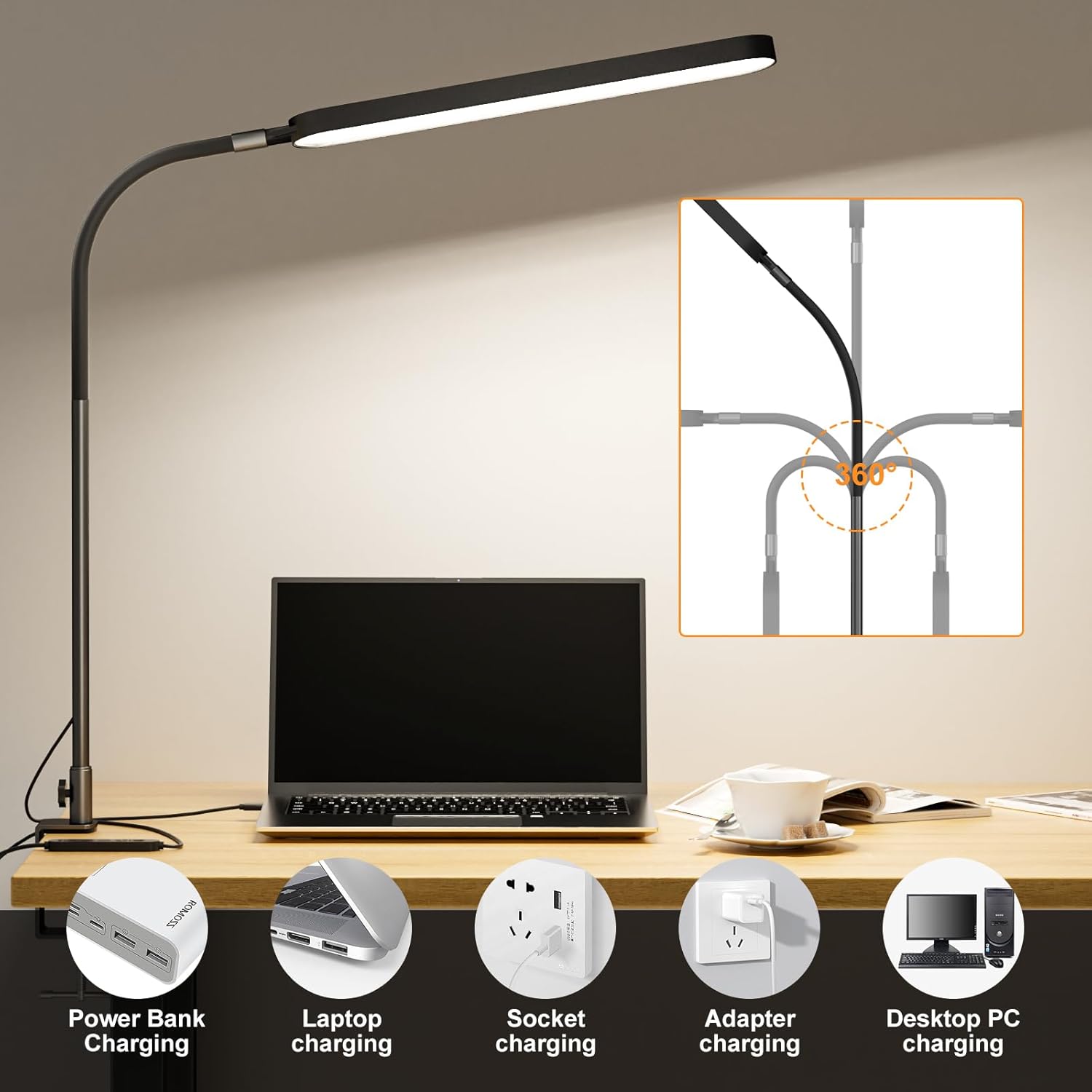 SKYLEO LED-Schreibtischlampe – Schreibtischlampe klemmbar 1300 LM – flexibler Schwanenhals – 5 Farbmodi x 11 Helligkeitsstufen – Timmer- und Memory-Funktion – 12 W Schreibtischlampe – Schwarz – Bild 4