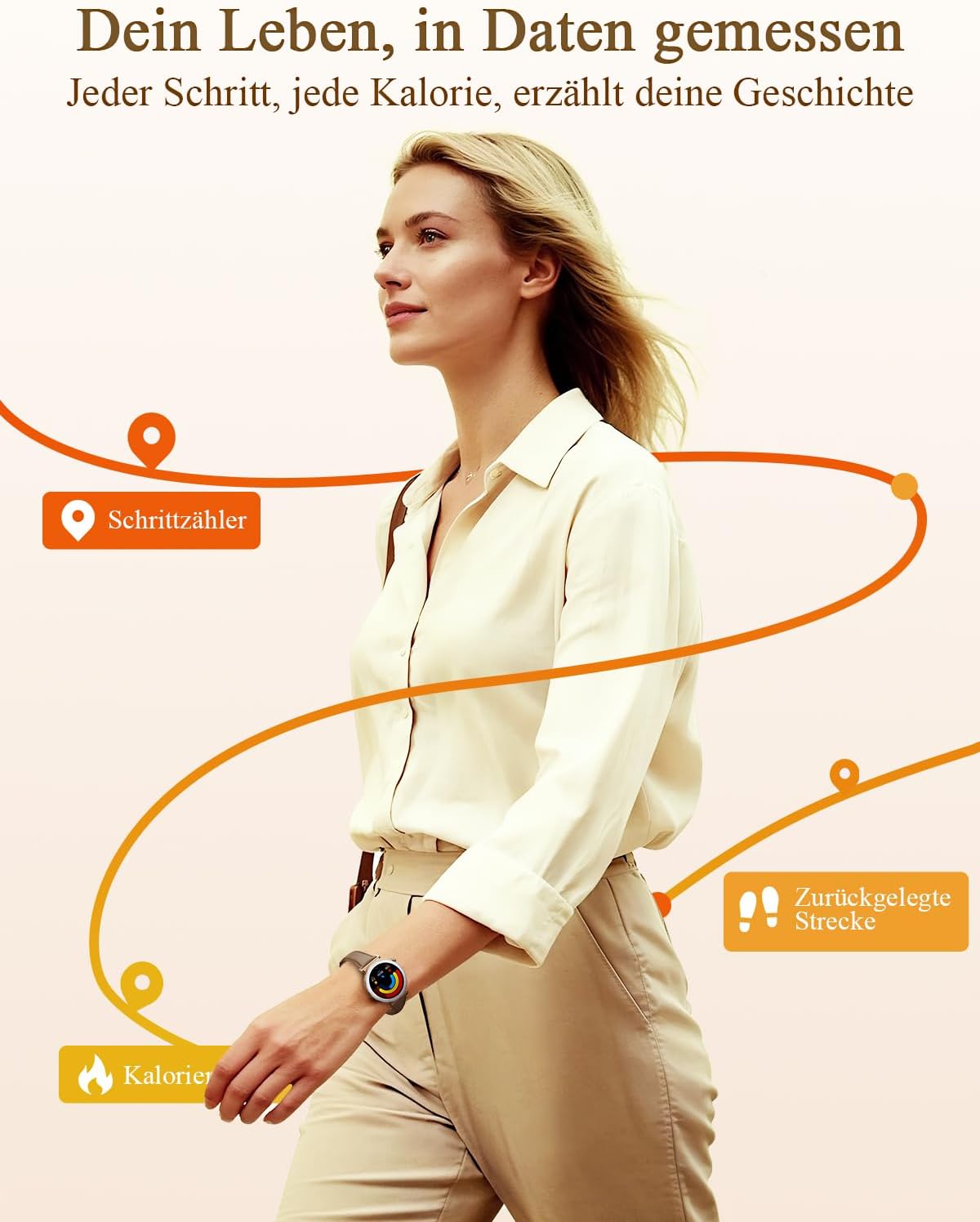 Damen-Smartwatch, Eleganz in Klein mit 1,19 Zoll AMOLED-Display und schmalem Lederarmband, Fitnessuhr mit Schrittzähler, Sportmodi, Puls-/SpO2-/Schlafmonitor für iOS/Android, Roségold/Braun – Bild 5