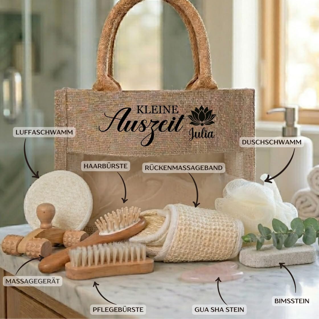 Personalisiertes Wellness Geschenkset für Frauen, Komplett Wellnessbox inkl. Inhalt, Wellnesstasche kleine Auszeit mit Namen, Geschenk Gutschein Verpackung Mama Freundin Kollegin – Bild 4