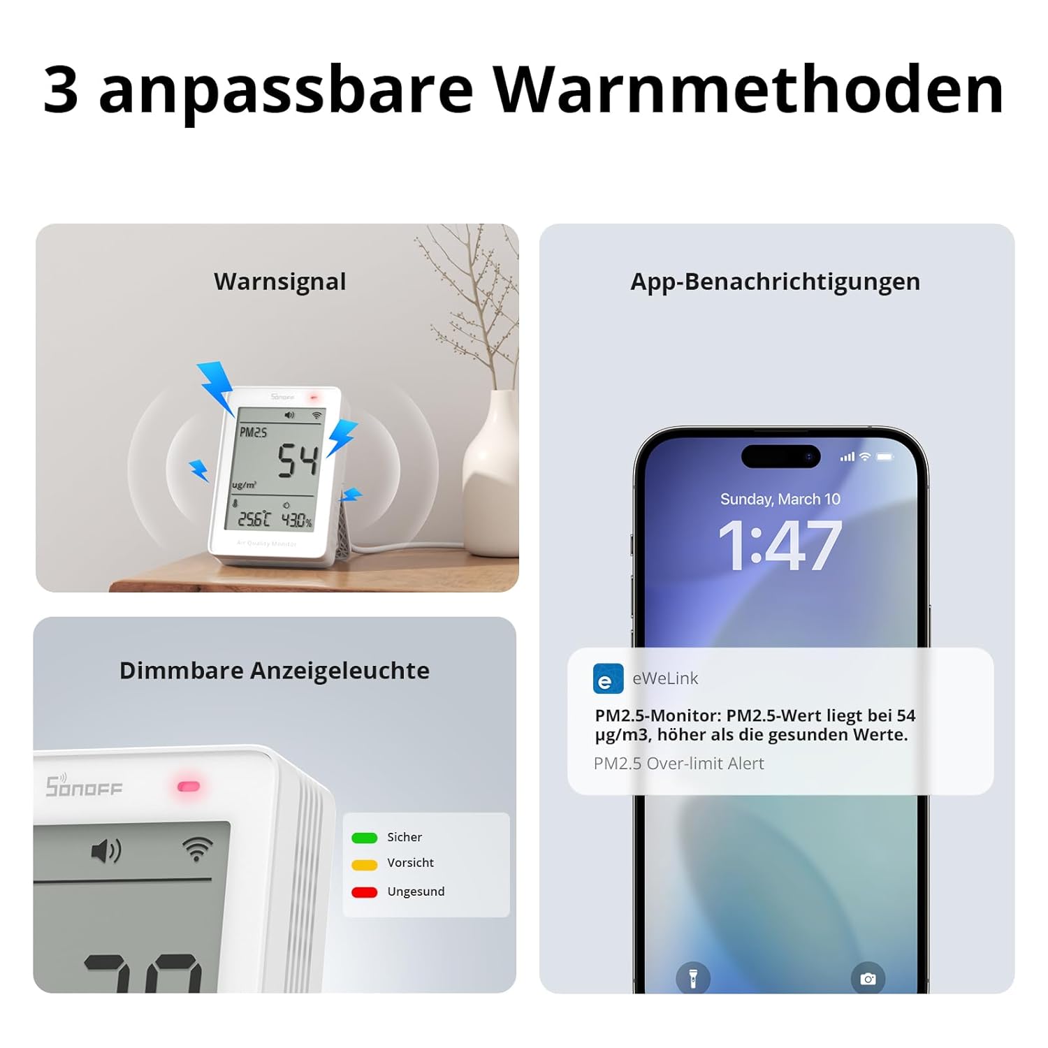 SONOFF Smart Monitor für Raumluftqualität mit PM2,5, PM10, Temperatur- und Luftfeuchtigkeitssensor, Echtzeitanzeige und Alarm, Materie-kompatibel, 2,4 GHz WLAN, 3,73-Zoll-Bildschirm – Bild 5