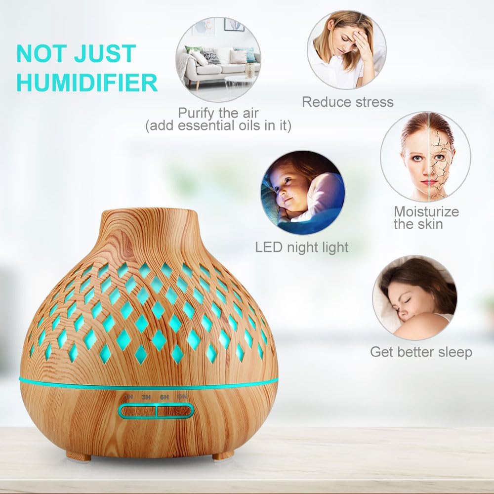 Aroma-Diffusor, 400 ml Diffusor für ätherische Öle, Aromatherapie-Öle-Diffusor mit Fernbedienung, 4 Timer, 7 Farben, Duftöl-Diffusor, Öllampe, BPA-frei, Ultraschall-Luftbefeuchter, Schlafzimmer, Büro, Spa – Bild 6