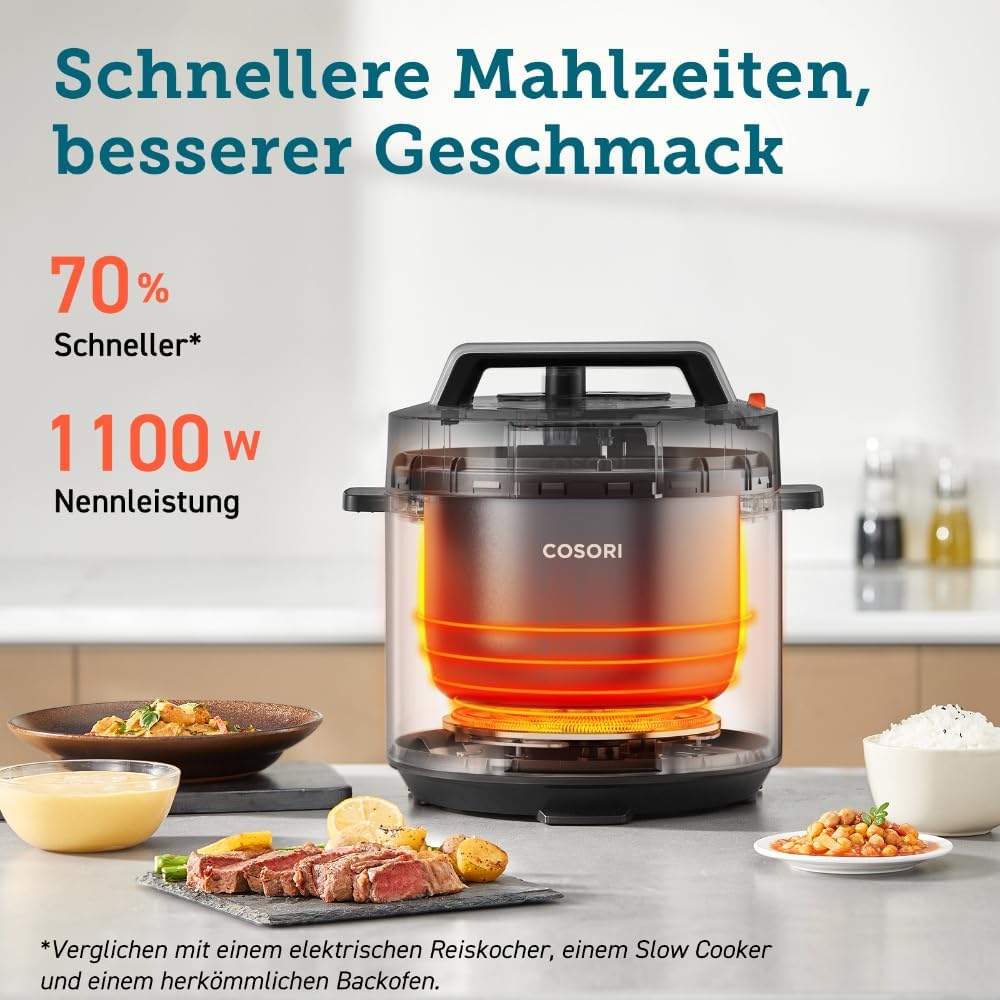 COSORI Schnellkochtopf, Keramikbeschichtung, 9-in-1, Multikocher mit 14 Funktionen, Schnellkochtopf 5,7 l, Reiskocher, Dampfgarer, Joghurtbereiter, Slow Cooker und Sous Vide, Rezeptbuch, Edelstahl – Bild 4