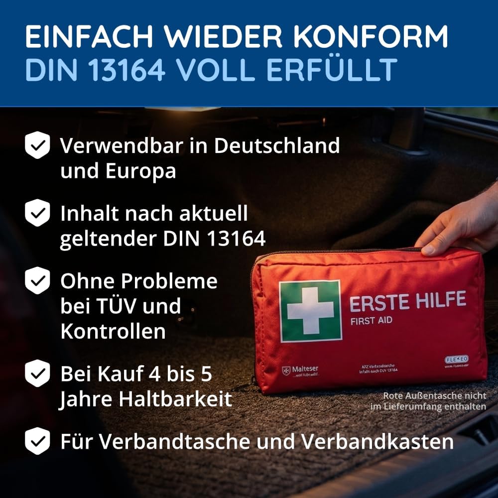 1 x FLEXEO Auto-Nachfüllset DIN 13164:2022, Erste-Hilfe-Set für Auto und Motorrad, Notfallset, Befüllung, Erste-Hilfe-Tasche, schwarz – Bild 3