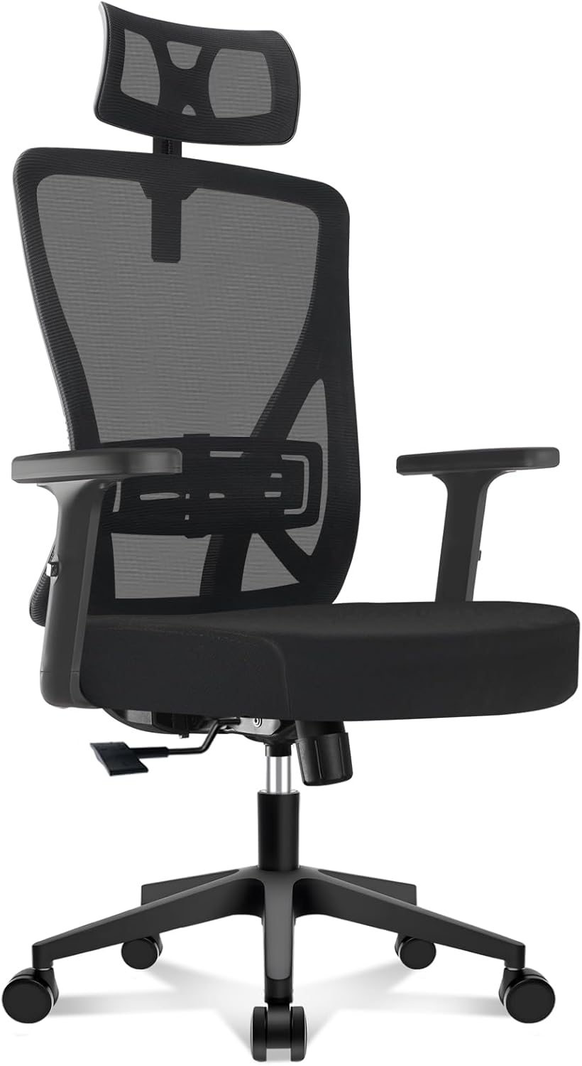 Durrafy Ergonomischer Bürostuhl mit verstellbarer Kopfstütze – Bequemer Schreibtischstuhl mit Lordosenstütze, atmungsaktiver Netzrückenlehne und Wippfunktion, Schwarz