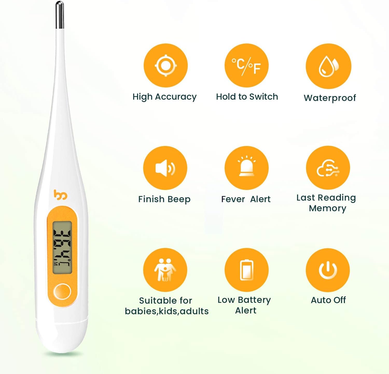 Digitales Fieberthermometer, Rektal, Oral, Achselthermometer Fieberthermometer für Baby Kinder Erwachsene, Genaue und Schnelle Ablesungen, Wasserdichte Sonde (orange-2 Packungen) – Bild 2