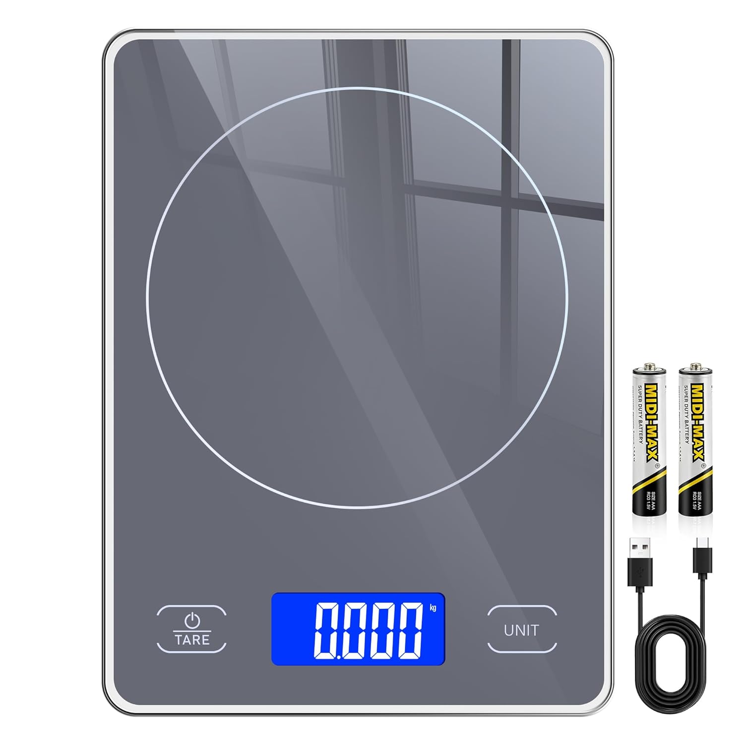 Digitale Küchenwaage mit 15 kg Tragkraft, 5 Einheiten in g/ml/fl'oz, Präzise Küchenwaage mit großem Display, Dual Power (USB-C/Batterie), 1 g hohe Präzision, Tara-Sicherheitsglas zum Backen, Kochen