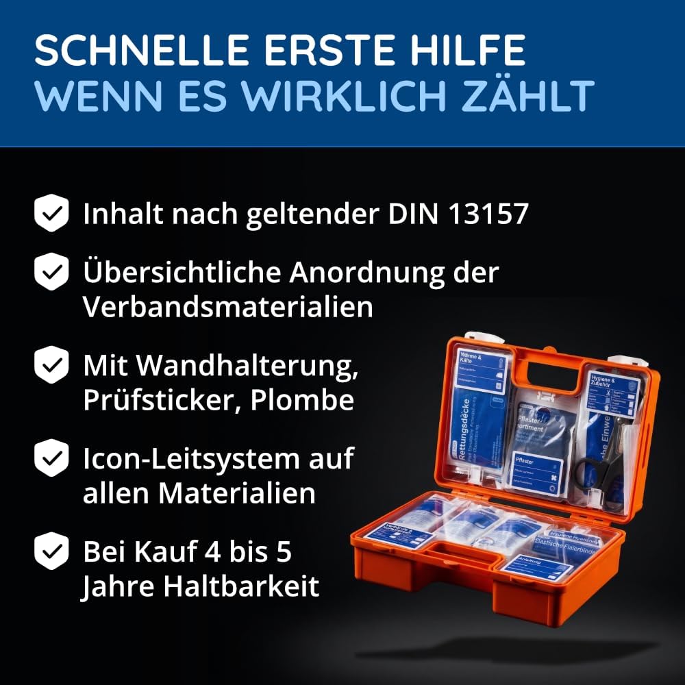 Erste-Hilfe-Koffer für Unternehmen, Inhalt nach DIN 13157, orange, gefüllter Erste-Hilfe-Kasten mit Wandhalterung – Bild 2