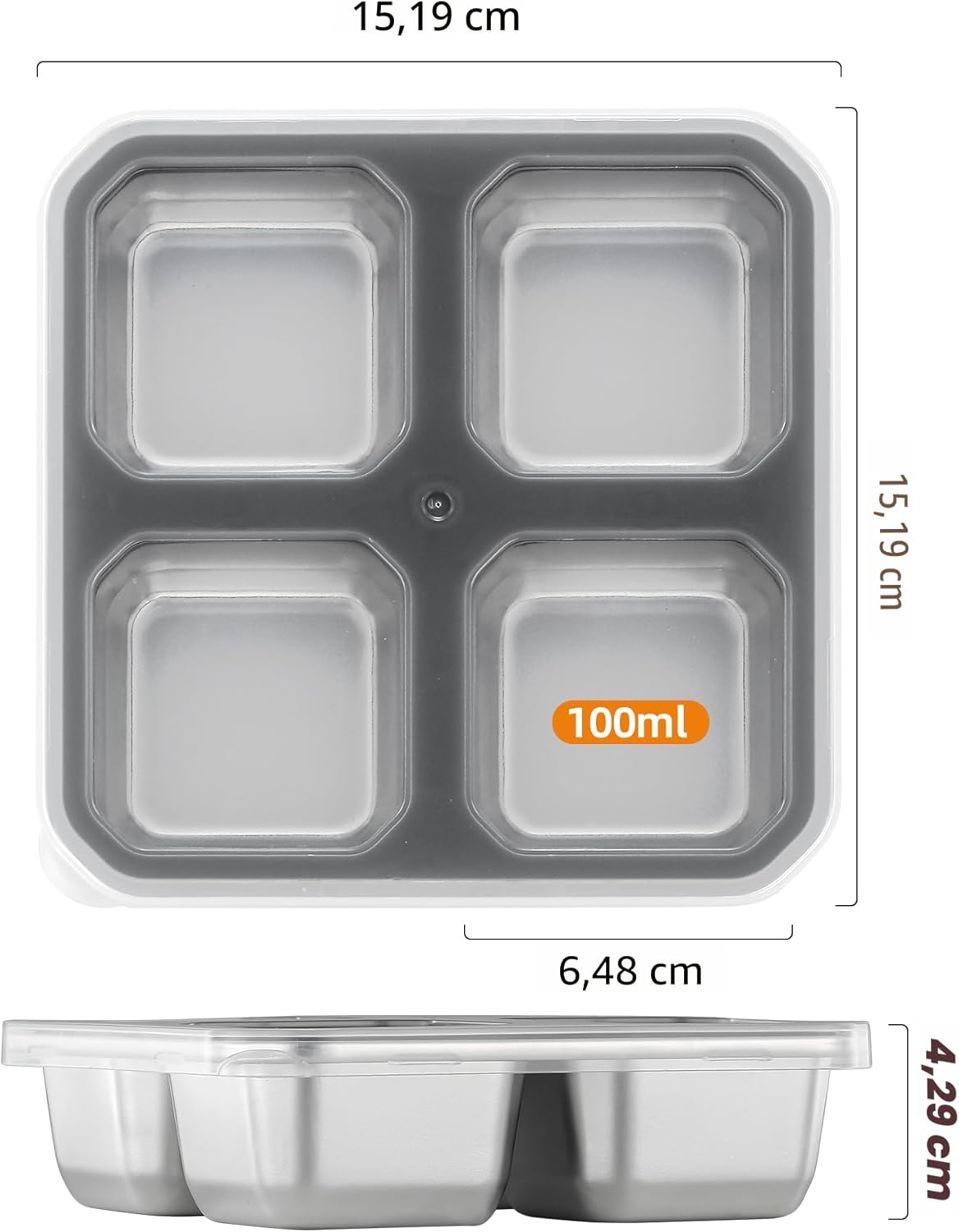 Misichao Snackbehälter, Snackbox Kinder mit 4 Fächern, Edelstahl-Brotdose mit grauem Deckel, wiederverwendbarer Meal-Prep-Lunchbehälter für Kinder und Erwachsene, für Schule, Arbeit – Bild 2