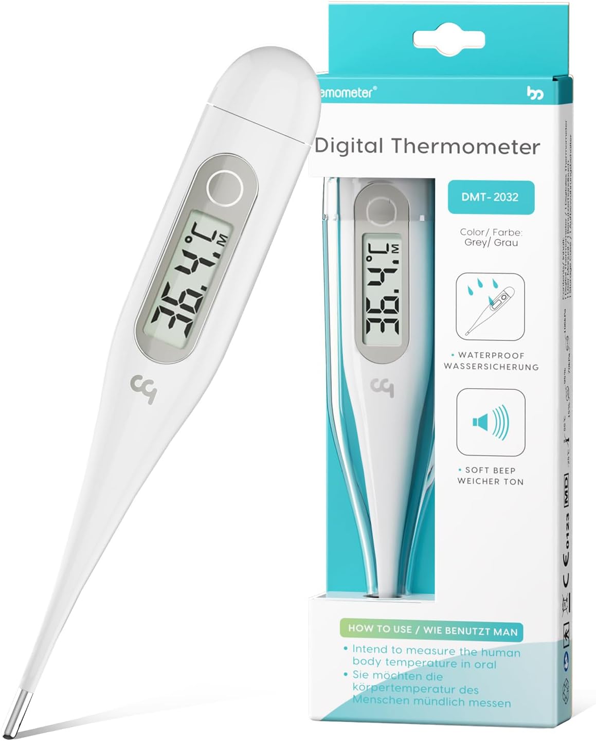 Digitales Fieberthermometer, rektales, orales, Achselthermometer, Fieberthermometer für Babys, Kinder, Erwachsene, genaue und schnelle Messwerte, wasserdichte Sonde, Grau