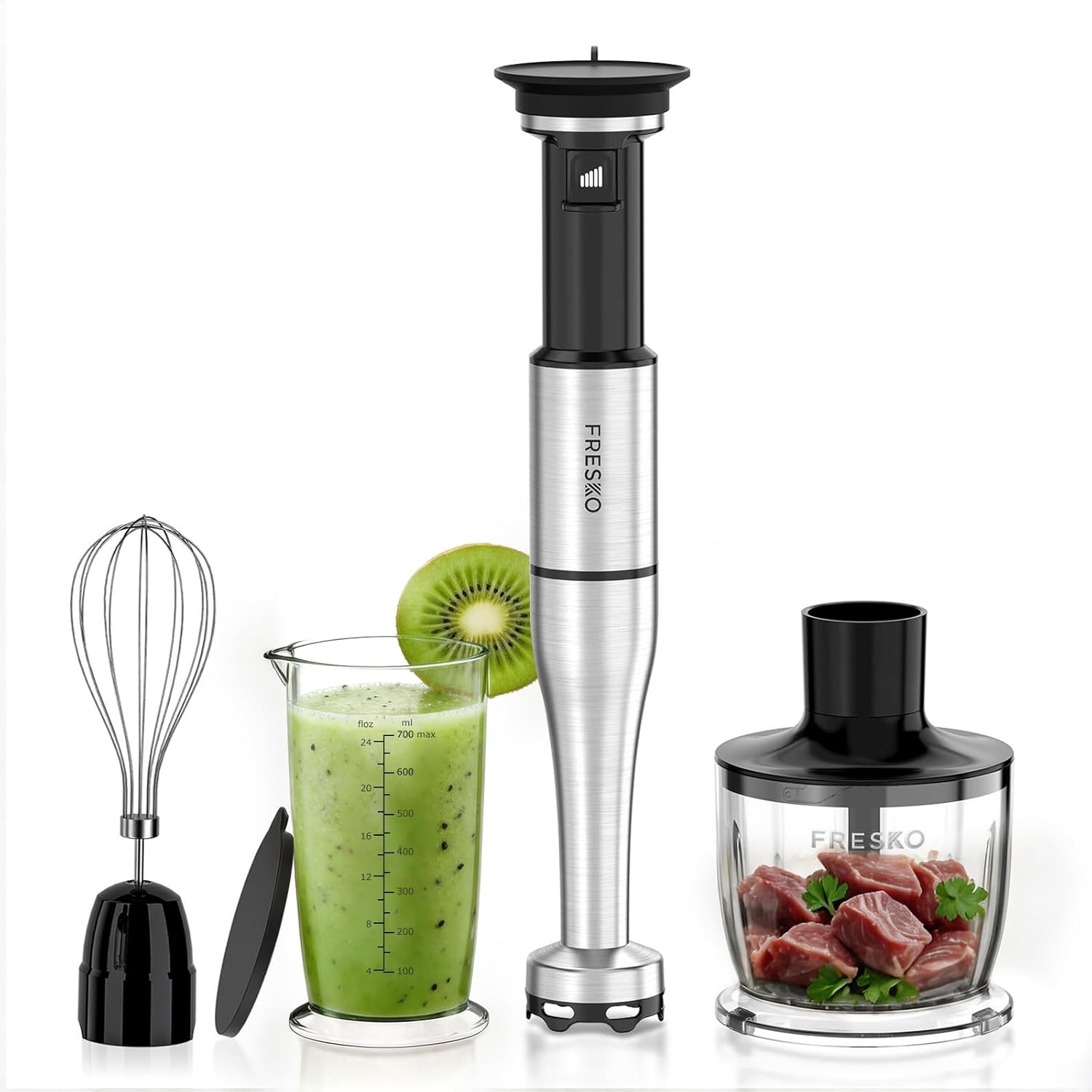 FRESKO Stabmixer 1000 W mit Zubehörset, Pürierstab aus Edelstahl inklusive Schneebesen, 500 ml Lebensmittelzerkleinerer, Messbecher mit Deckel und Schutzhülle, stufenlose Geschwindigkeiten für Smoothies, Suppe
