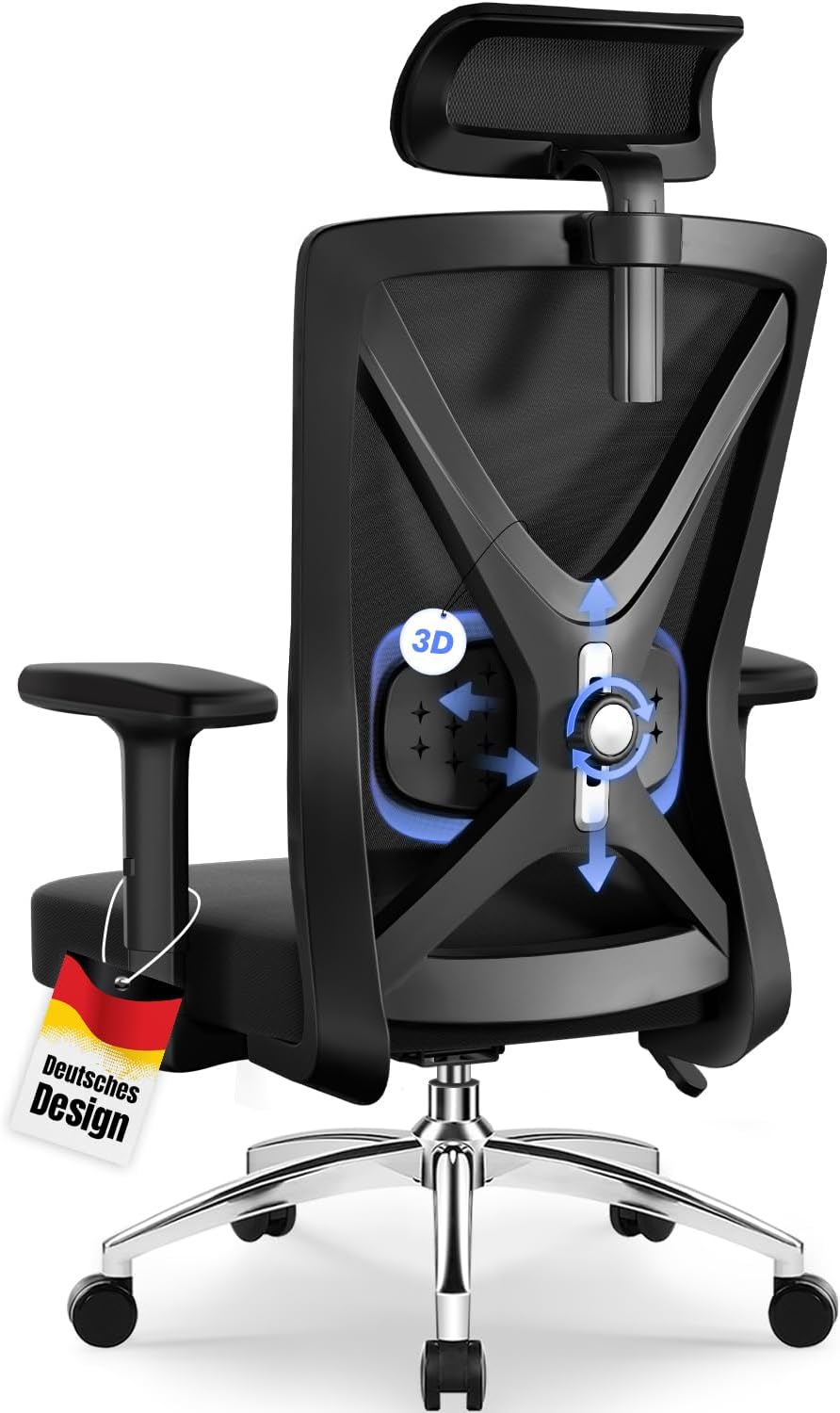 Daccormax Bürostuhl, Ergonomischer Schreibtischstuhl mit verstellbaren Armlehnen, weiche Lordosenstütze aus Naturschwamm und Kopfstütze, Chefsessel, Drehstuhl, Wippfunktion, 200 kg, Schwarz