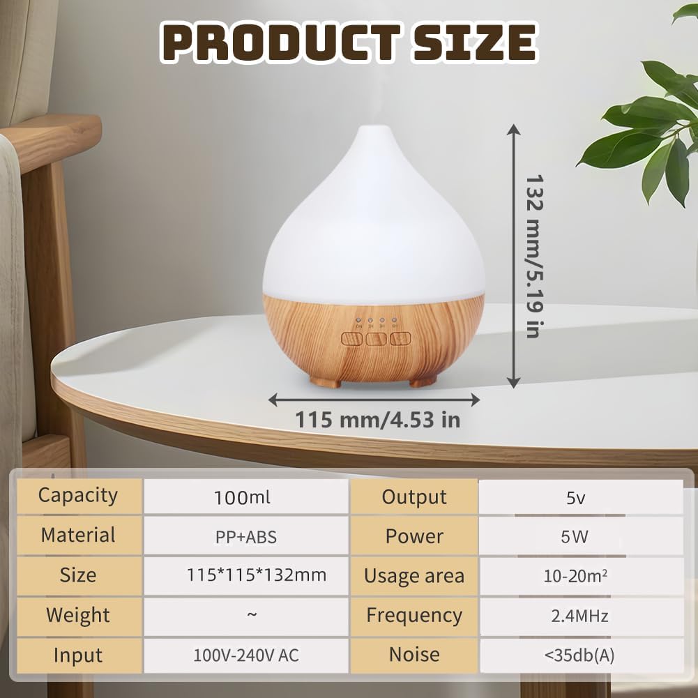 Flintronic Aroma-Diffusor, 100 ml, Ultraschall-Luftbefeuchter, Aromatherapie-Öl-Diffusor, Diffusor für ätherische Öle, Duftöl-Diffusor mit 7 farbigen LED-Lichtern und automatischer Abschaltfunktion – Bild 2