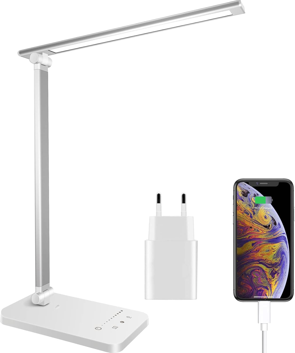 Schreibtischlampe, LED-Tischlampe, dimmbar mit 5 Helligkeitsstufen, 5 Farben, USB-Anschluss, Auto-Timer, Touchpanel, Memory-Funktion, augenfreundliche Nachttischlampe für Kinder Mädchen