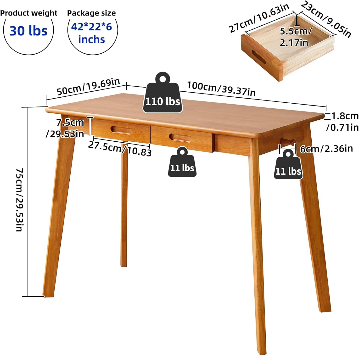 Aibiju Holzschreibtisch mit Schublade und Hängestange, kleiner Computertisch, 100 x 50 x 75 cm, Schreibtisch, kleiner Esstisch aus Holz, Kirschholzfarbe YD-WD01N – Bild 3