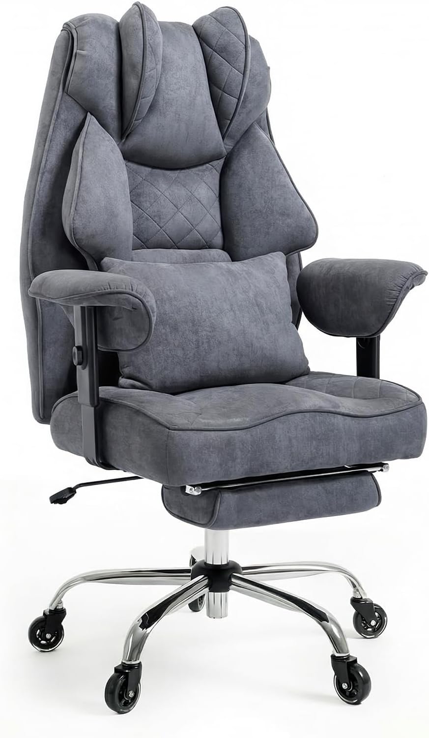 Ergonomischer Bürostuhl mit Fußstütze – Schreibtischstuhl Chefsessel 200 kg, starke Polsterung, hohe Rückenlehne, Lordosenstütze, Armlehnen höhenverstellbar, Wildlederimitat
