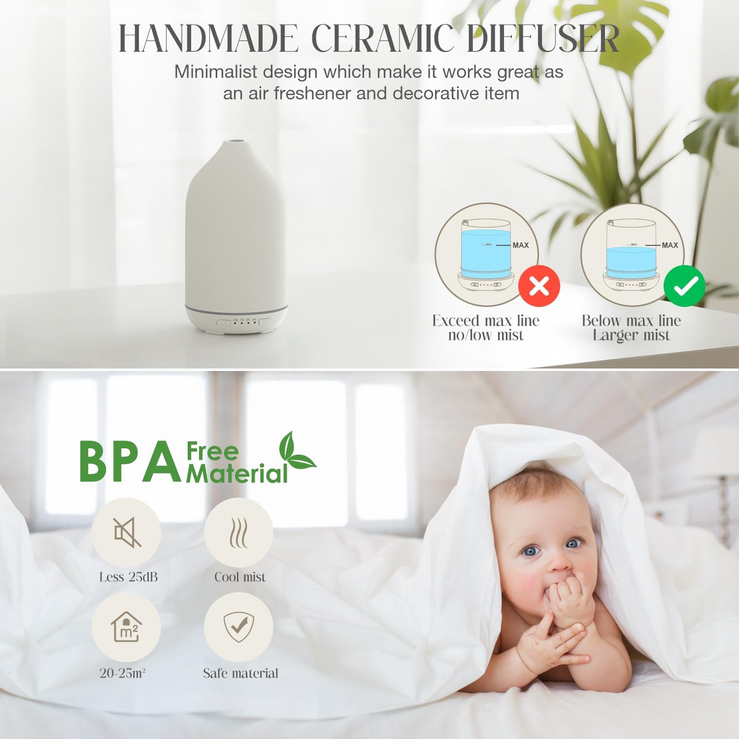 SALKING Aroma-Diffusor, Keramik-Diffusor für ätherische Öle – Duftöl-Duftdiffusor, Ultraschall, BPA-frei, mit einstellbarem Nebelmodus, automatische Abschaltung, leise, für Zuhause, Büro, Yoga, 200 ml, Weiß – Bild 5