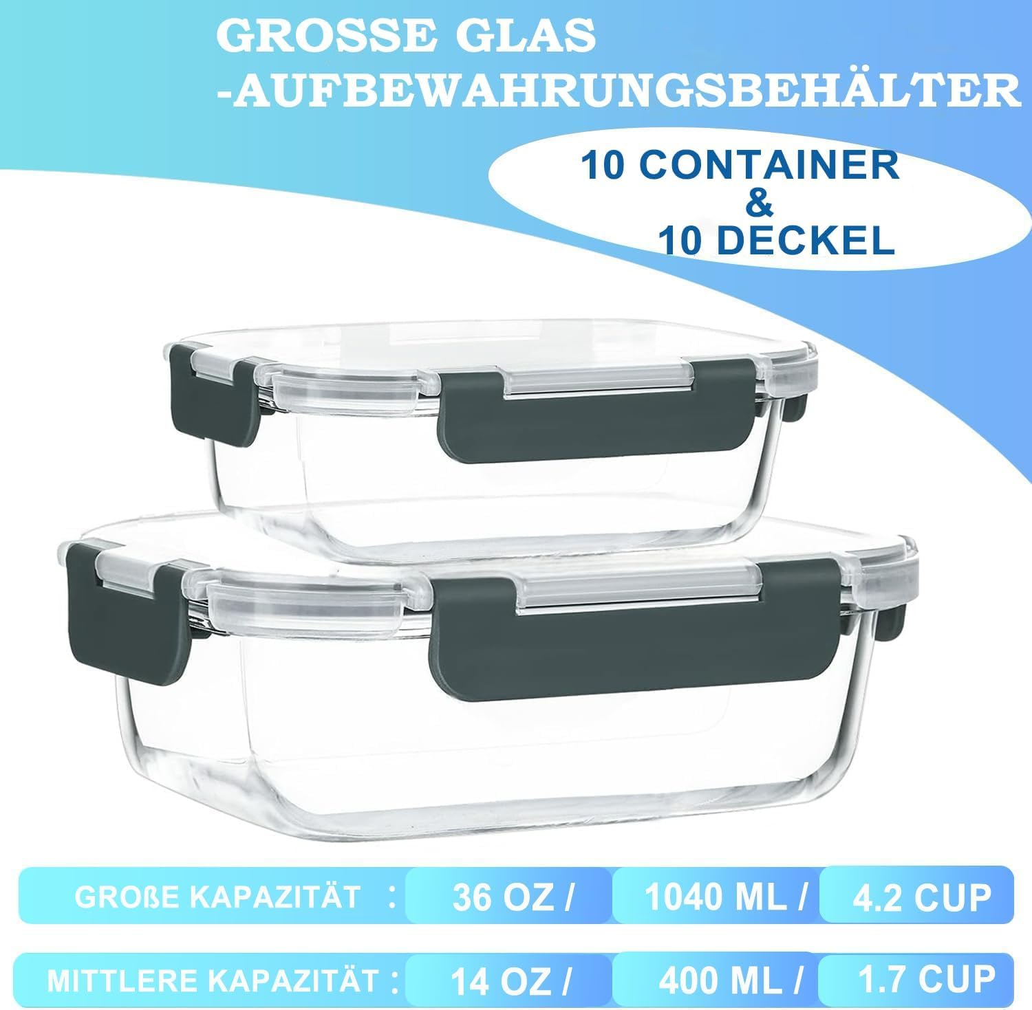 KUMD 20 Teile (10 Sets) Glas-Frischhaltedosen Set für Lebensmittel – undichtungsfrei für Meal Prep & Lunch, Ofen/Mikrowelle/Gefrierfach/Spülmaschine, LFGB-zertifiziert & BPA-frei – Bild 5